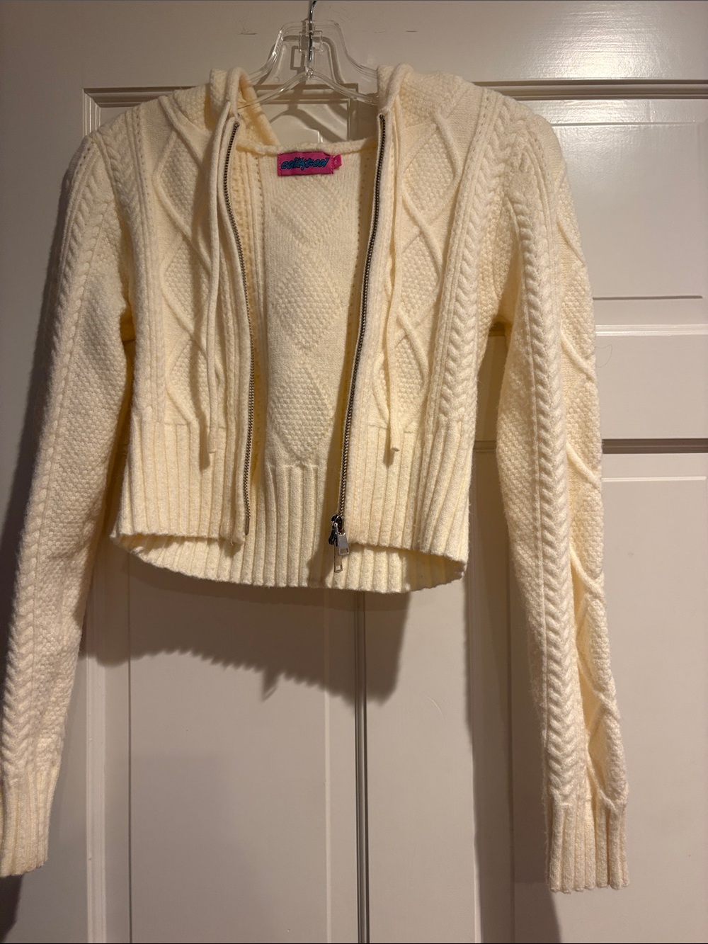 Edikted Cream Cable-Knit Zip Hoodie